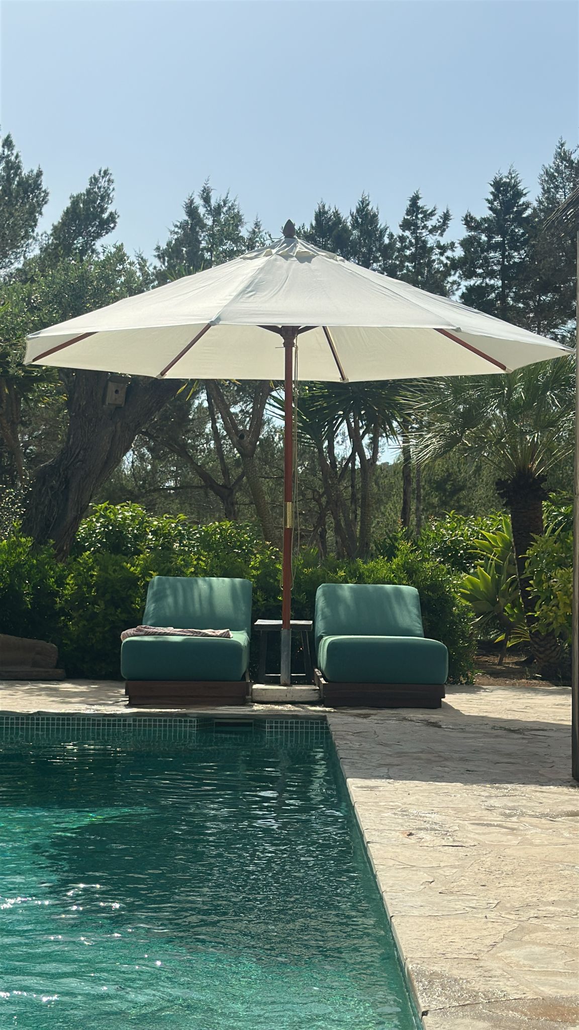 blauwe kussens op ligbed